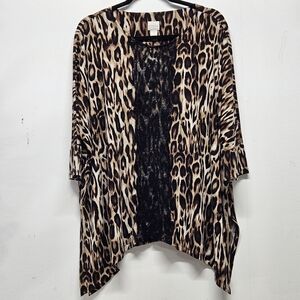Chico's Leopard Print Tunic Top Black Lace Trim Size 2 Large Animal Print Blouse